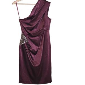 Eliza J One Shoulder Satin Stretch Formal Dress‎ Size 6 Beaded Eggplant Purple